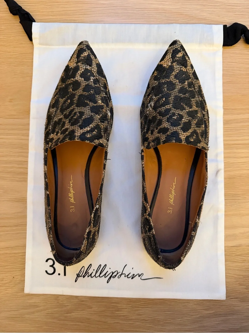 3.1 Phillip Lim Leopard Jacquard Pointed Toe Flats in Black and Gold